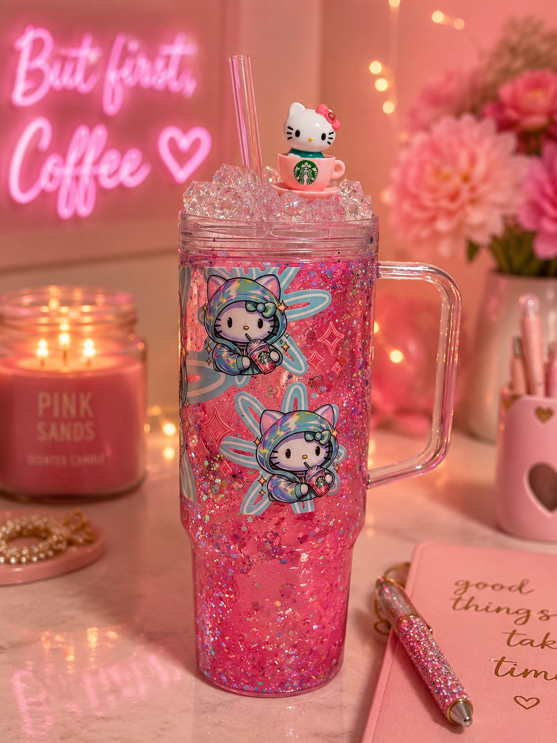 Pink Coffee Lover Lava Tumbler β Glitter Acrylic Travel Cup with Ice Topper
