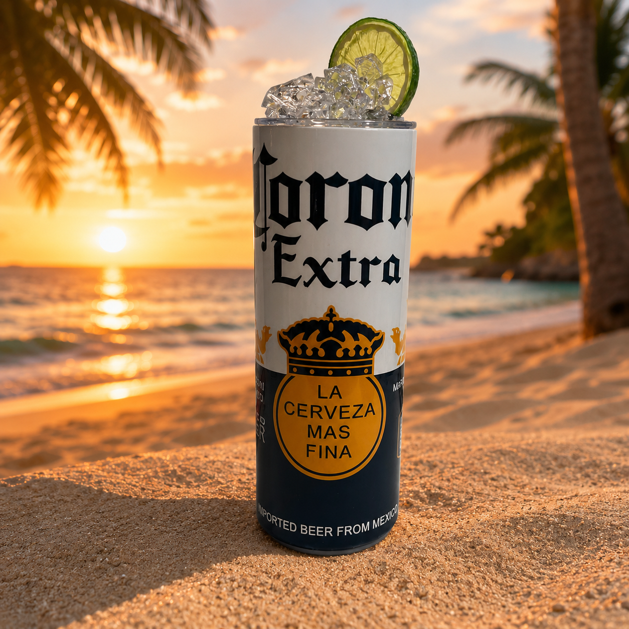 🍺 Corona Extra Inspired 20oz Skinny Tumbler with Crystal Ice Topper