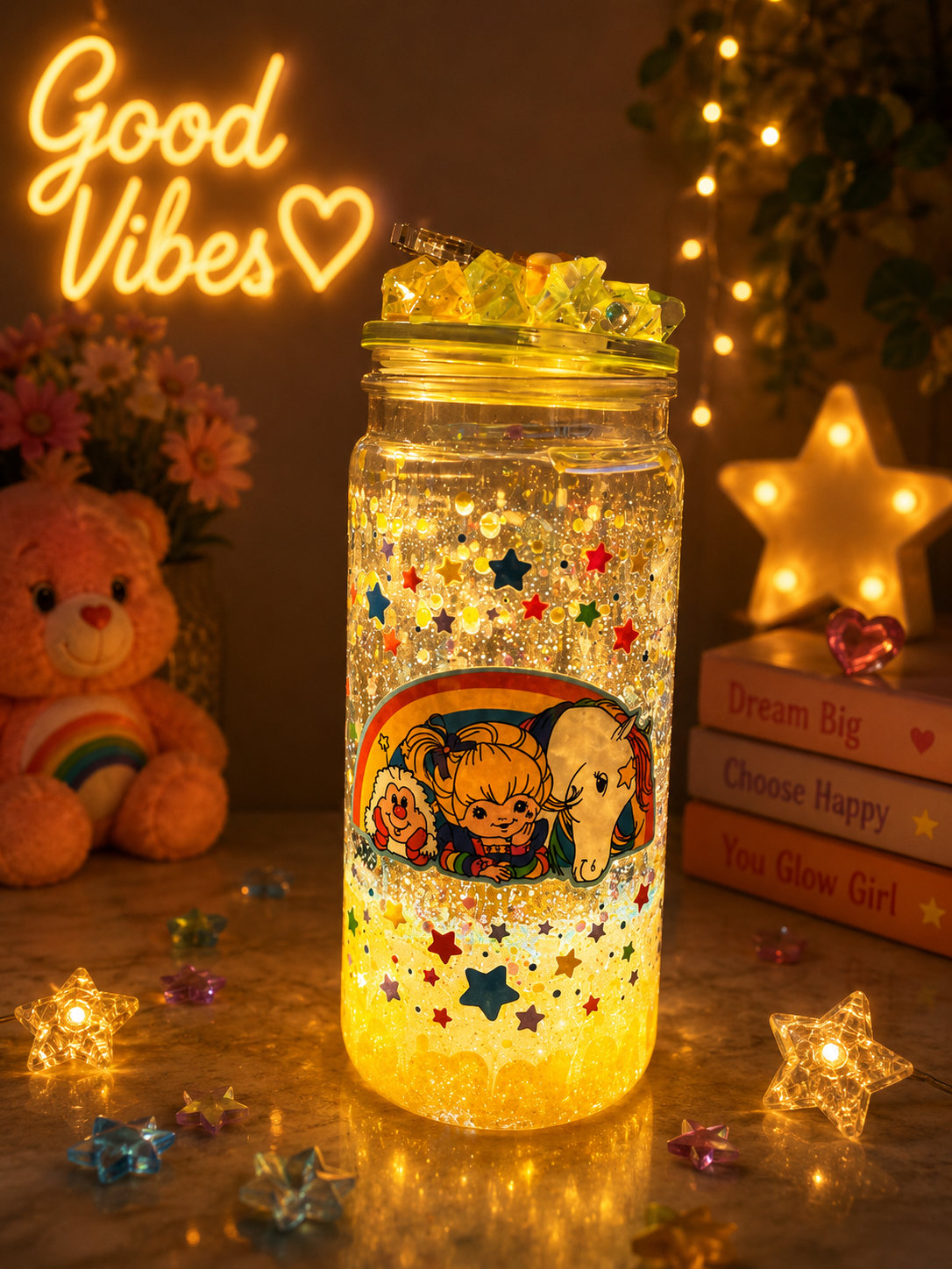 Retro Rainbow Brite Lava Glitter Glow Acrylic Tumbler 🌈✨💛