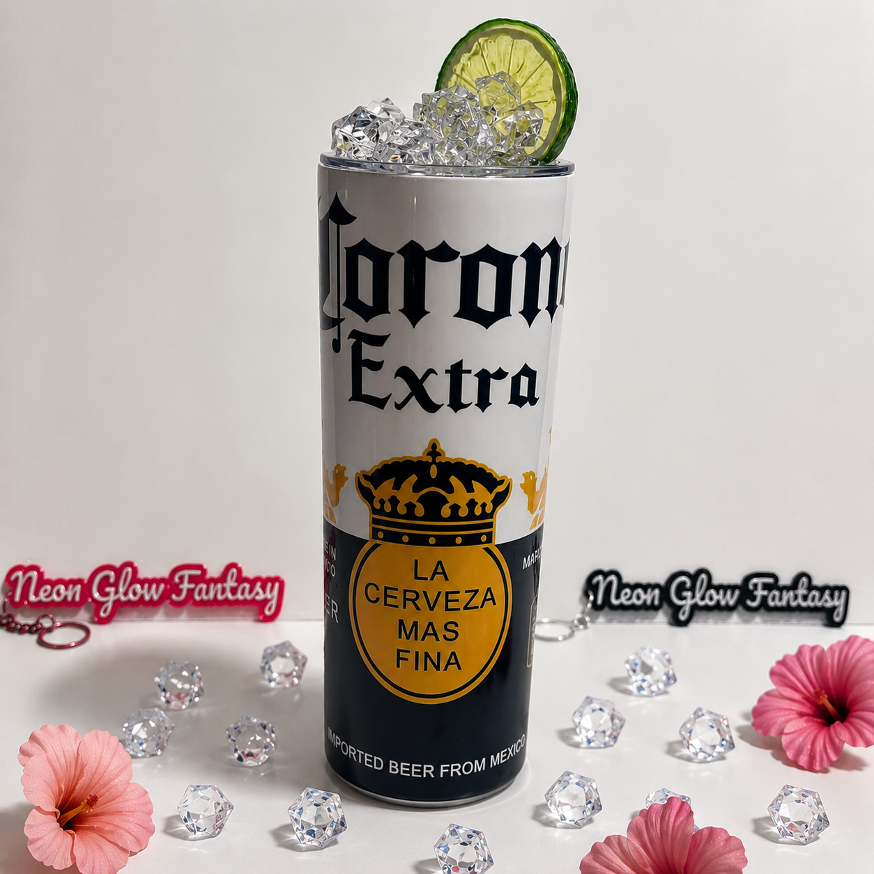 🍺 Corona Extra Inspired 20oz Skinny Tumbler with Crystal Ice Topper