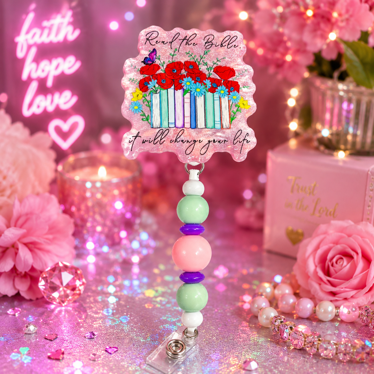 💖 Read the Bible Beaded Badge Reel – Faith Hope Love