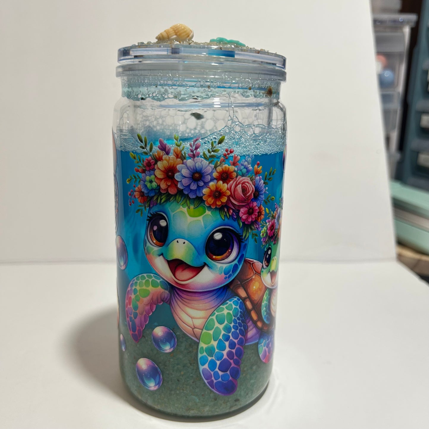 Ocean Blossom Turtle Acrylic Sand Tumbler 🐢🌊✨