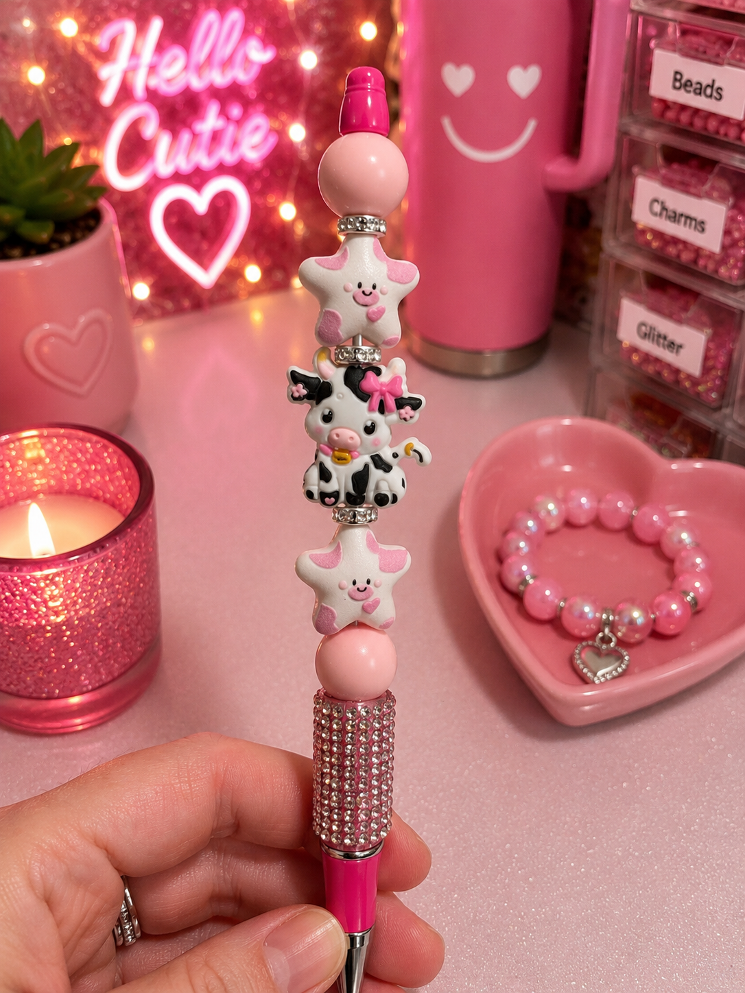 🐮 Pink Cow Cutie Beaded Pen ✨