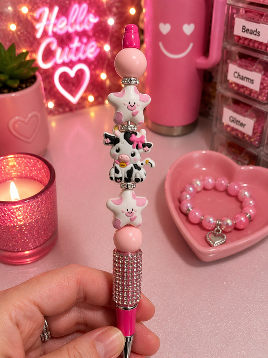 🐮 Pink Cow Cutie Beaded Pen ✨