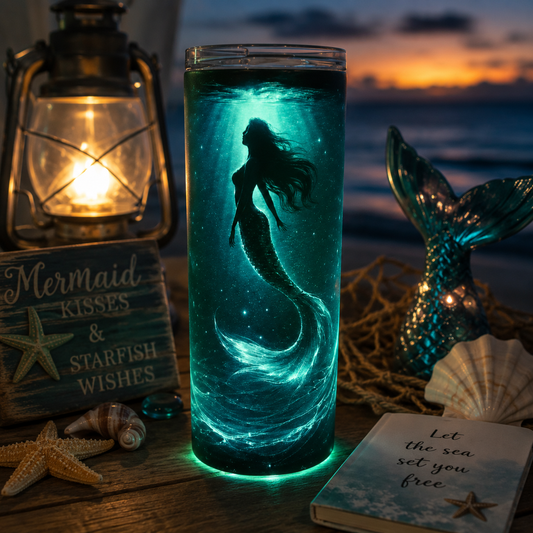 Glow Mermaid 20 oz Stainless Steel Tumbler | Glow in the Dark Mermaid Cup | Ocean Lover Gift