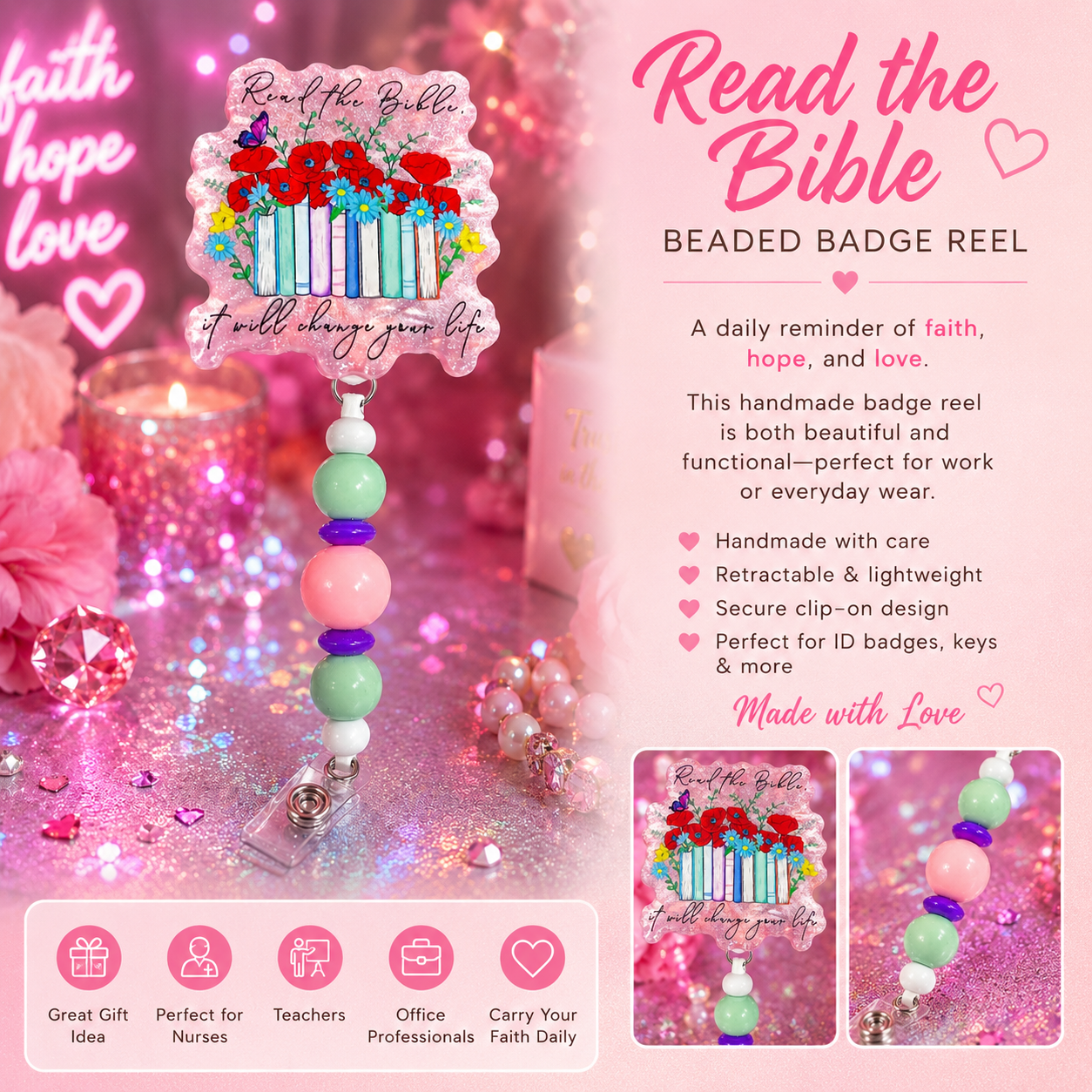 💖 Read the Bible Beaded Badge Reel – Faith Hope Love