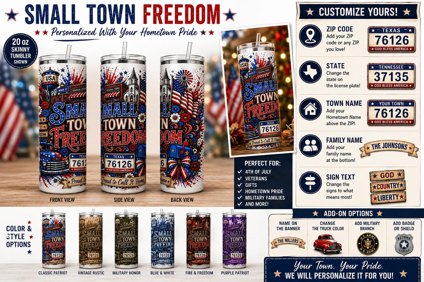 Personalized Hometown Patriotic 20 oz Tumbler | Custom ZIP Code Cup | Fourth of July Gift | American Pride Travel Cup